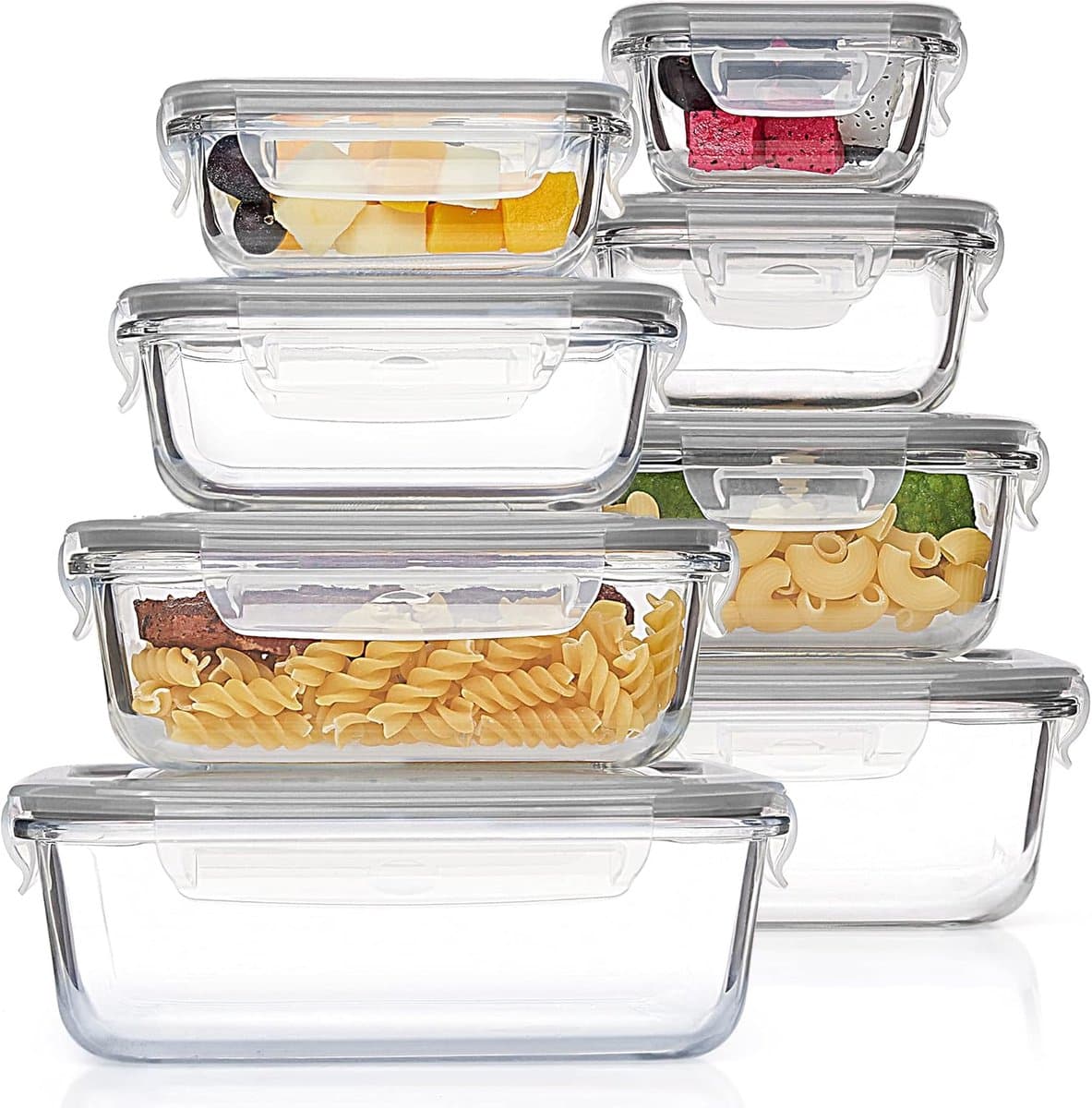 Glazen Vershoudbakjes Set 8-delig – Meal Prep Bakjes van Borosilicaatglas – Luchtdicht & Lekvrij – Oven/Magnetron/Vriezer Bestendig – BPA-vrij – Stapelbare Voedselcontainers voor Lunch, Restjes & Gezonde Maaltijden