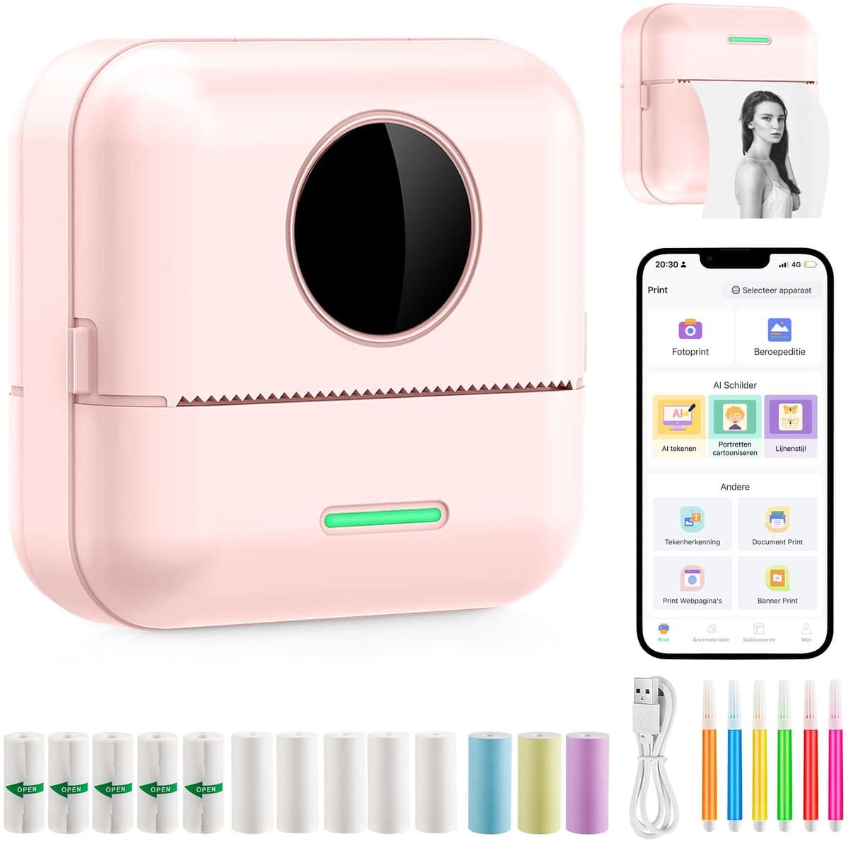 Ilona Mini printer voor mobiel - Pocket printer - Premium Mini Fotoprinter - Draagbare Smartphone Printer - Mobiele fotoprinter - Sticker printer - Roze - Incl. 5 Rollen Zelfklevend Papier + 5 Rol Wit Papier + 3 Rollen Gekleurd Papier + 5 Pennen