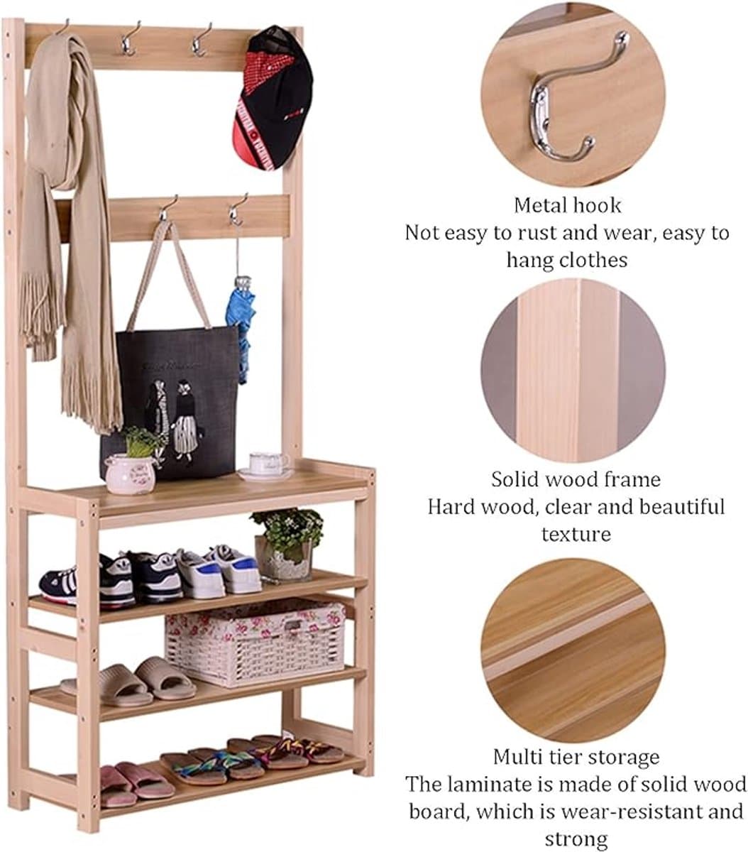 Garderoberek 3-in-1 Kapstok met Schoenenrek en 4 Lagen Opbergrek van Massief Grenenhout – Multifunctionele Hall Tree met Dubbele Haken voor Hal, Slaapkamer en Kantoor
