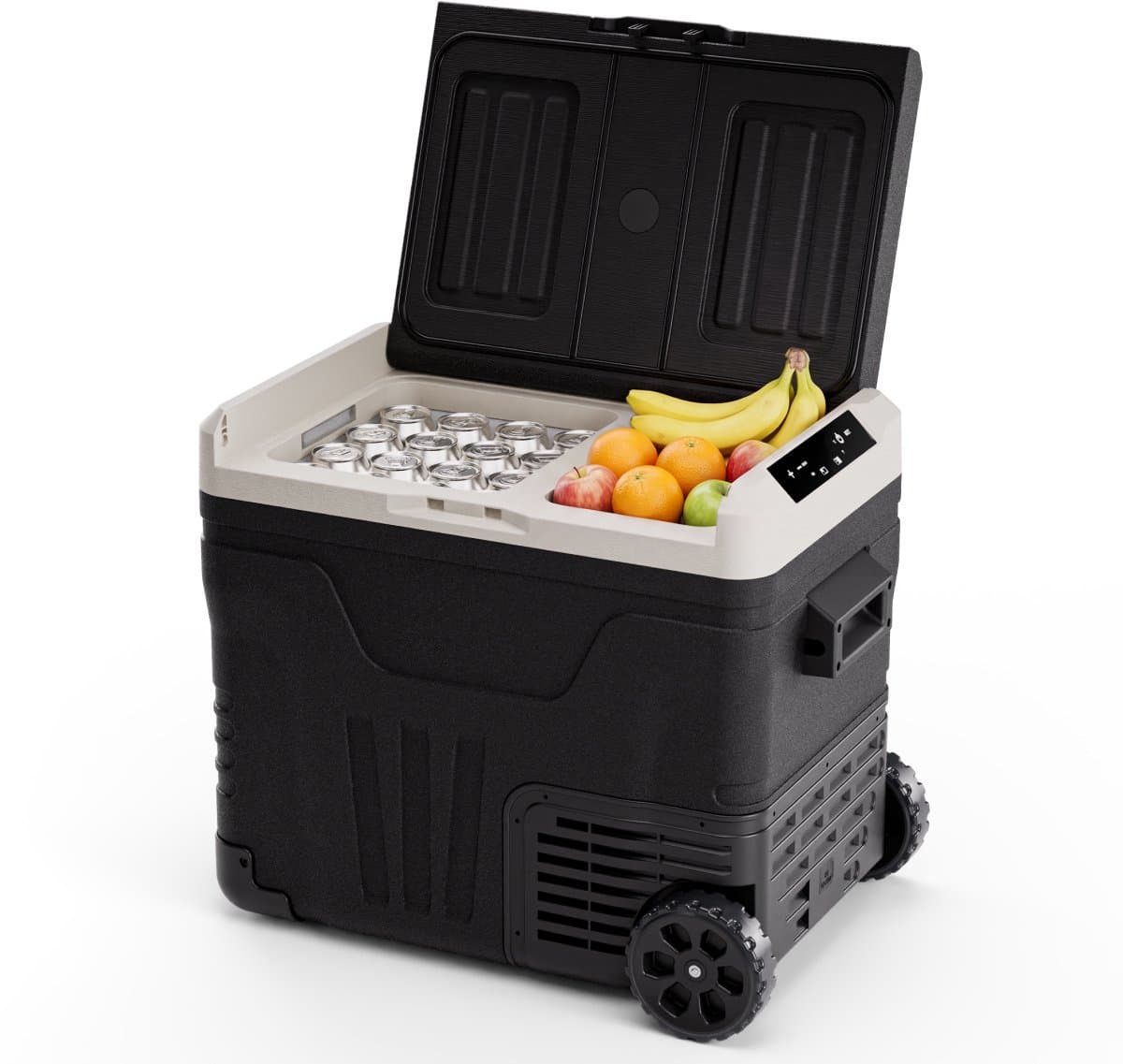 Auronic Elektrische Koelbox - Compressor - 2 Zones - 45L - 12/24V en 240V - Koelen en Vriezen - Camping Koelkast - Frigobox Auto - Met Wielen en Hendel - Zwart
