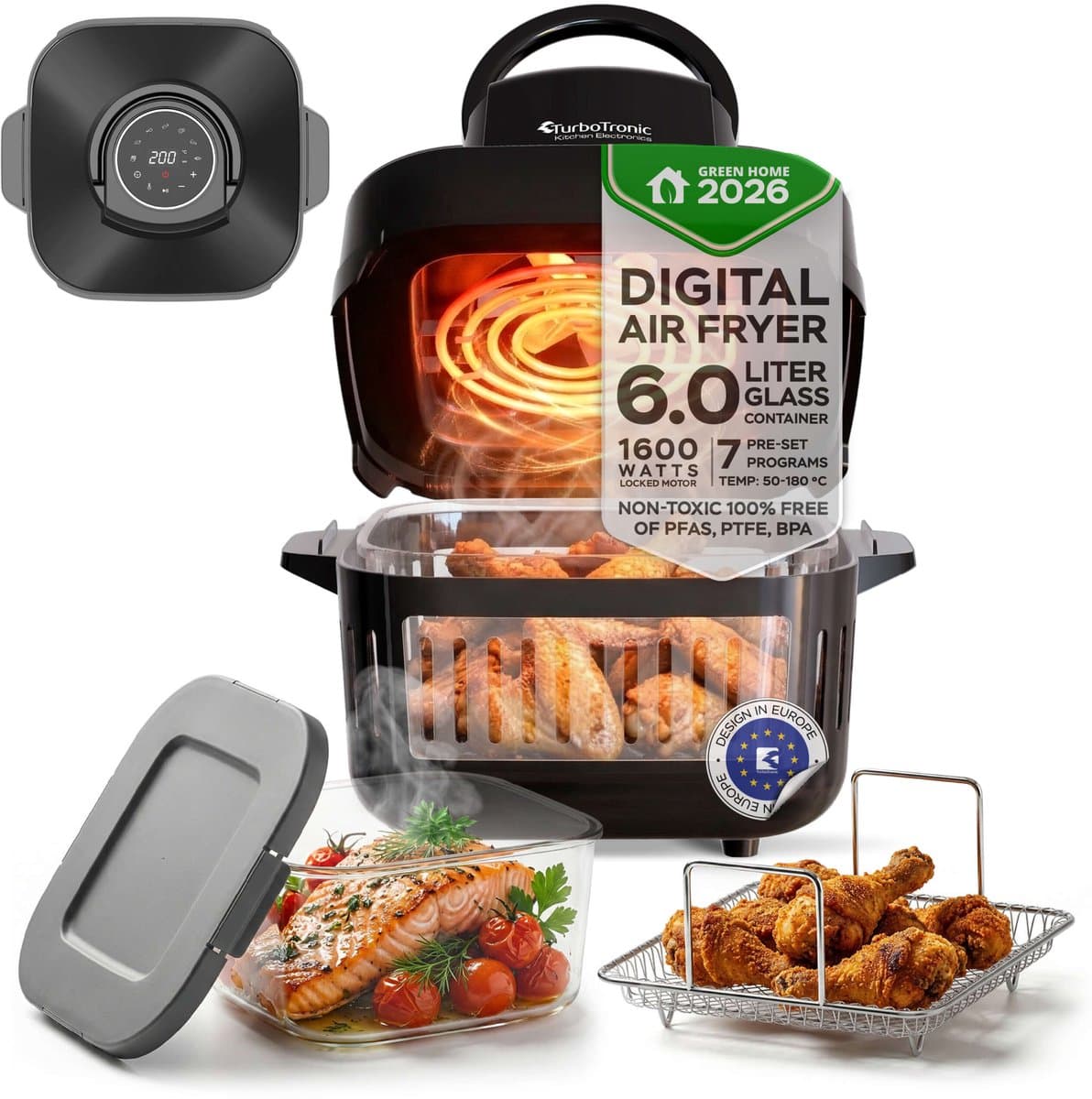 Turbotronic AFG6 Airfryer XXL met glazen bak- BPA & PFAS Vrij - 6L - Heteluchtfriteuse - Dual Heating - 50ºC tot 180ºC - 8 Kookprogramma's - Zwart