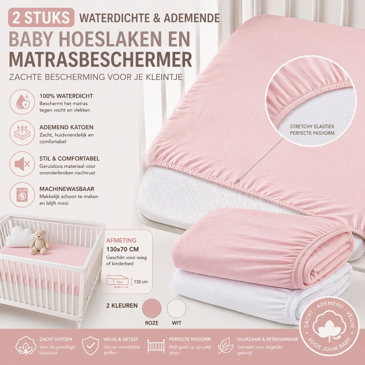 2 Stuks Baby Hoeslaken + Matrasbeschermer 130x70 cm – Waterdicht & Ademend – Zacht Katoen – Voor Wieg / Kinderbed – Roze en Wit