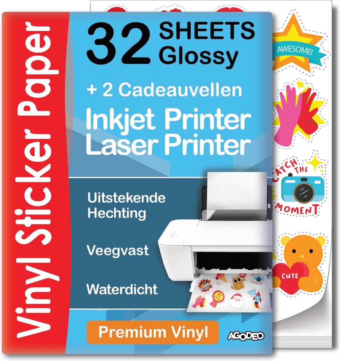 32 Glossy Vinyl Stickervellen A4 – Hoogwaardig Stickerpapier voor Inkjet & Laser Printer – Waterbestendig, Sneldrogend – Geschikt voor Cricut & DIY – Inclusief 2 Bonusvellen