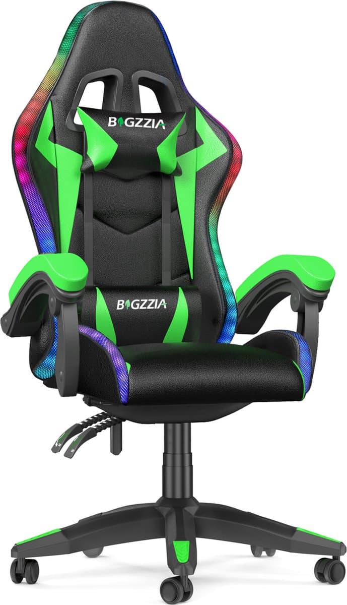 Gaming stoel met LED lichteffecten - Ergonomische Bureaustoel - Verstelbare rugleuning - LED Gaming stoel met lendensteun en hoofdsteun - Zwart en Groen