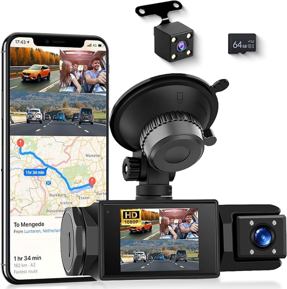 WiFi Dashcam voor Auto – 3-kanaals Draadloze Dashcam met App, Voor Binnenin Achter Camera, Full HD 1080P, 2” IPS-scherm, Nachtzicht, Bewegingsdetectie, Loopopname, 64GB-kaart Inbegrepen
