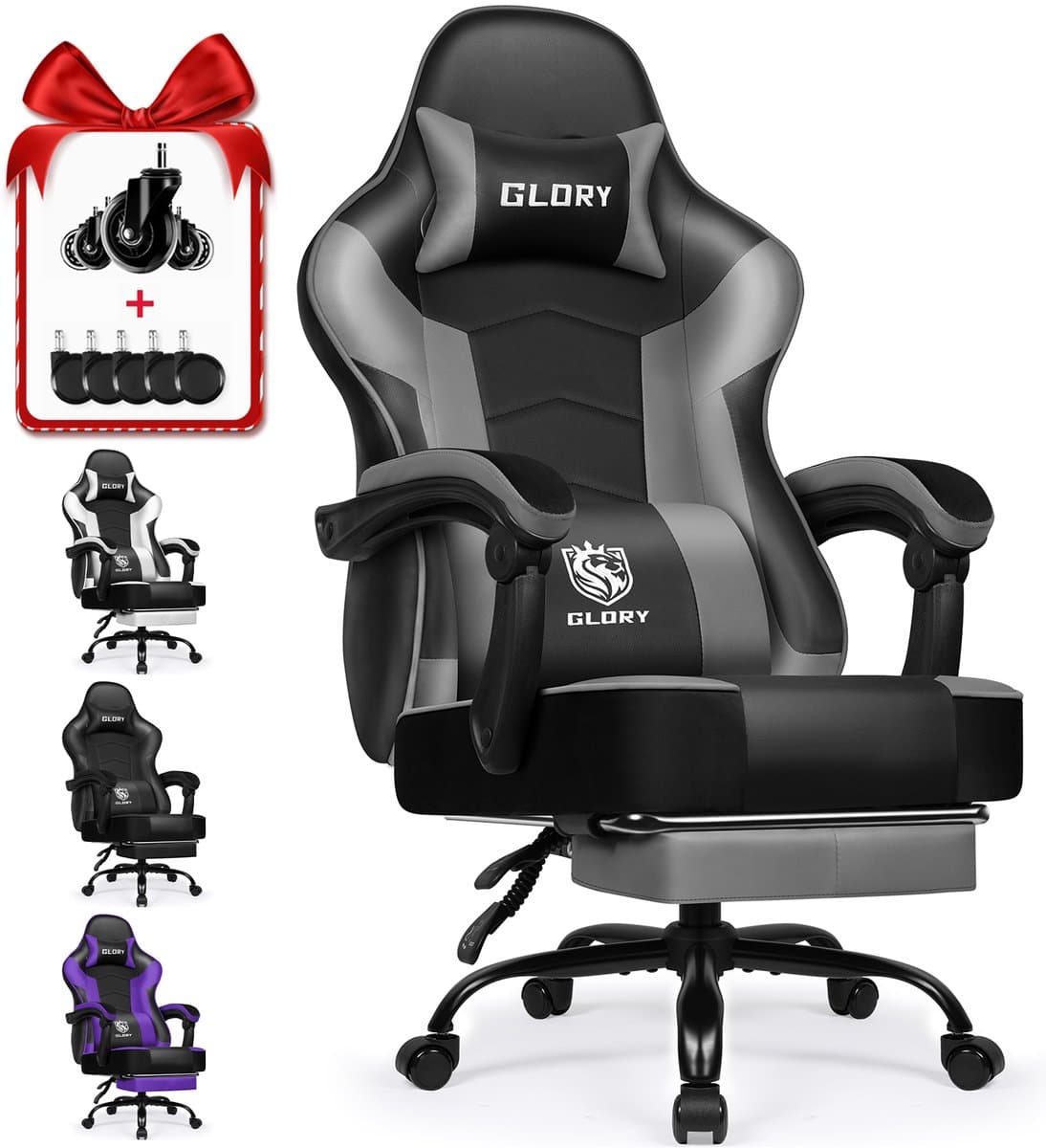 Hiaonyx Gaming Stoel - 170° Verstelbare Rugleuning - Gaming Stoel met inklapbare Voetsteun - racerstijl - Geïntegreerde Armleuningen - Maximale Belastbaarheid 150kg - met stille wielen - Zwart Grijs