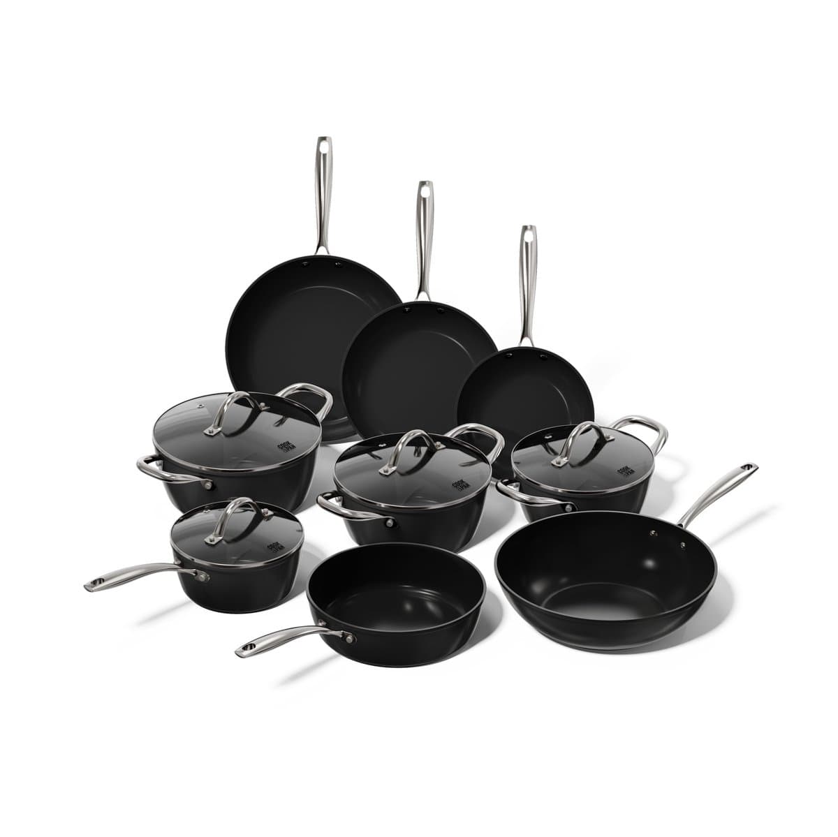 Cook & Pan 9-Delige Pannenset Zwart - PFAS vrij - Alle Warmtebronnen - Pannen Set met 7 jaar Garantie - Krasbestendige Anti Aanbaklaag - Vaatwasserbestendig - Gas, Inductie, Elektrisch, Oven - Koekenpan, Wokpan, Steelpan, Hapjespan, Kookpot