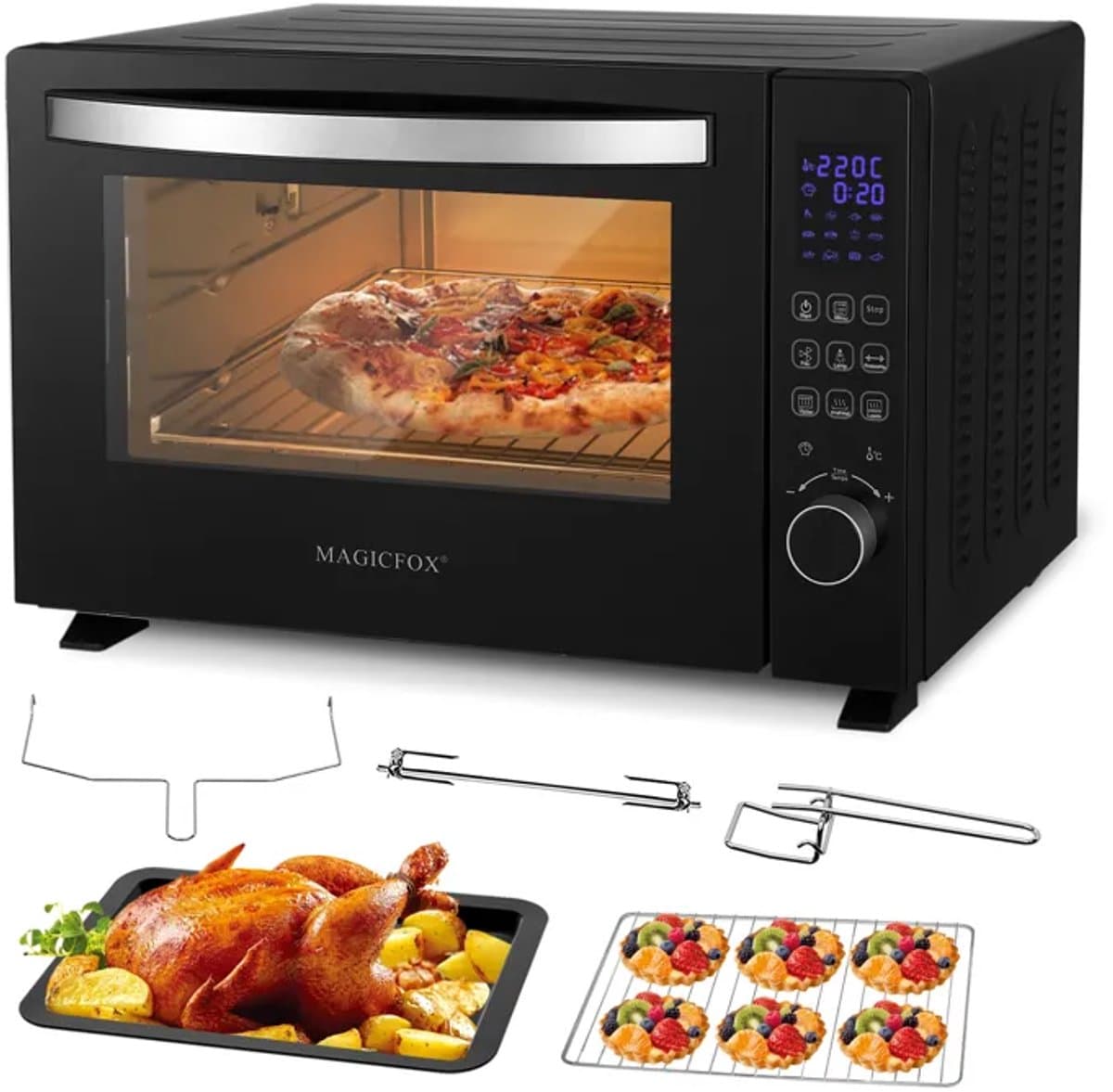 Elektrische Oven met Touchscreenbediening-10 Standen-Dubbelwandige deur-Draaispit-Programmeerbaar tot 230 °C-Vrijstaande ovens-Zwart