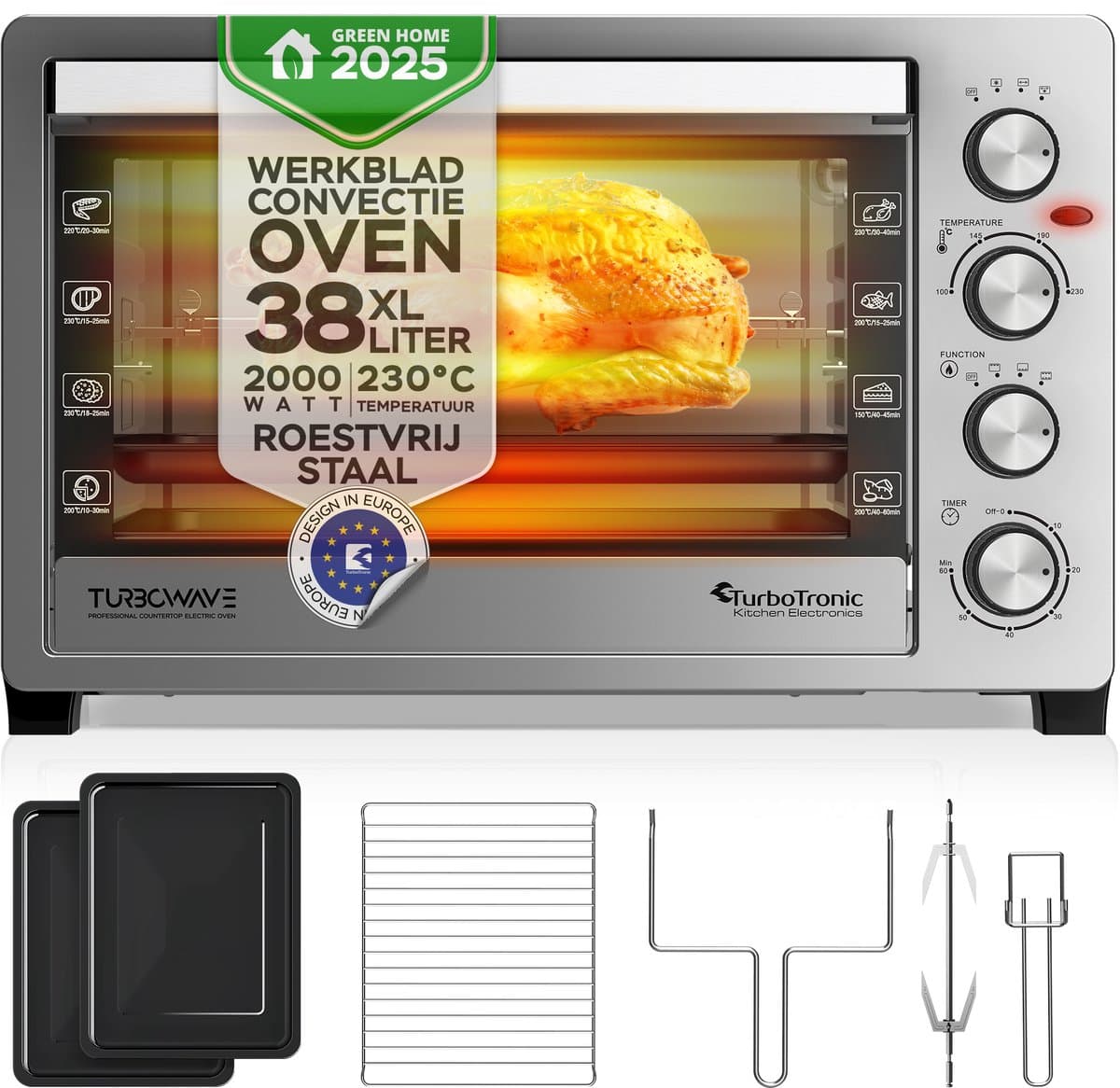 TurboTronic EVS38 - Vrijstaande oven 38L - Mini oven - Elektrische Oven - Zilver