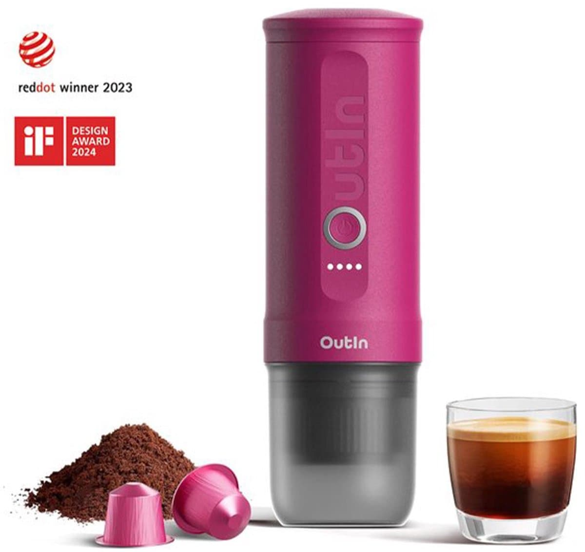 Outin - Draagbare Elektrische Espressomachine | Koffiezet apparaat voor Onderweg | Capsules & Gemalen Koffie | Portable Espresso Machine | Snelle Waterverwarming | 20 bar | Draagbare Koffiemachine | Reis & Camping Koffiezetapparaat | 12 volt