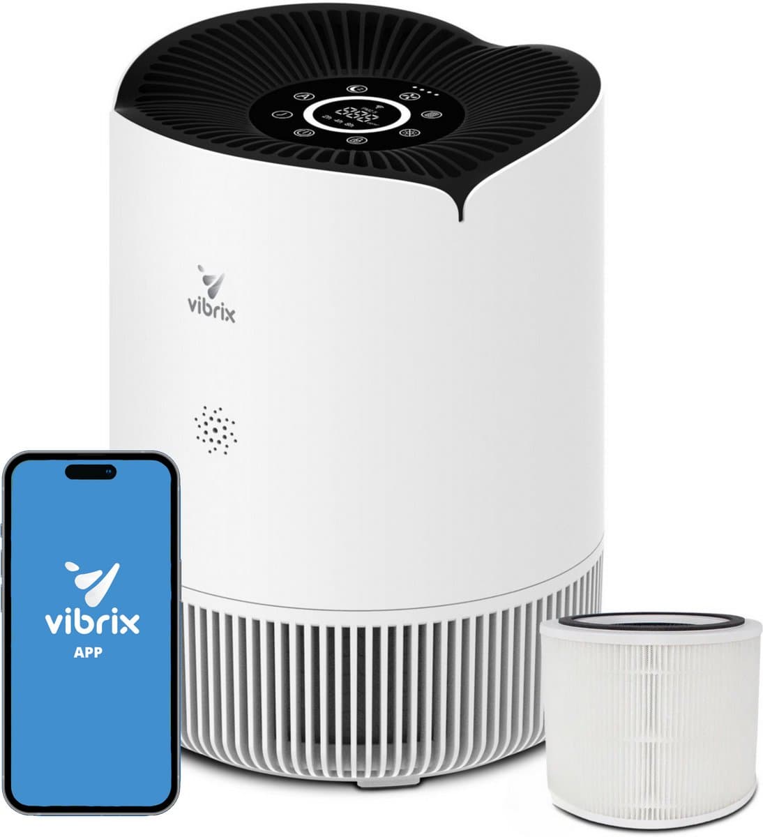 Vibrix PureFlow30 Luchtreiniger / Air Purifier – HEPA H13 + koolstoffilter – 180 m³/u – Voor kamers tot 30 m² – Ionisator – App-bediening – Zeer stil met slaapstand – Luchtkwaliteitindicator