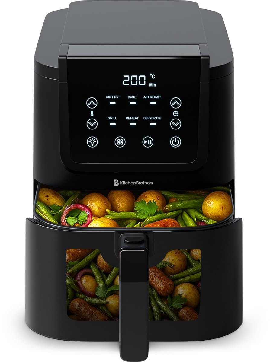 KitchenBrothers Airfryer XL - 1500W - PFAS-Vrij - 5L - Heteluchtfriteuse - 60ºC tot 200ºC - Met kijkvenster - Compact design - Extra stil - 6 Kookprogramma's - Zwart