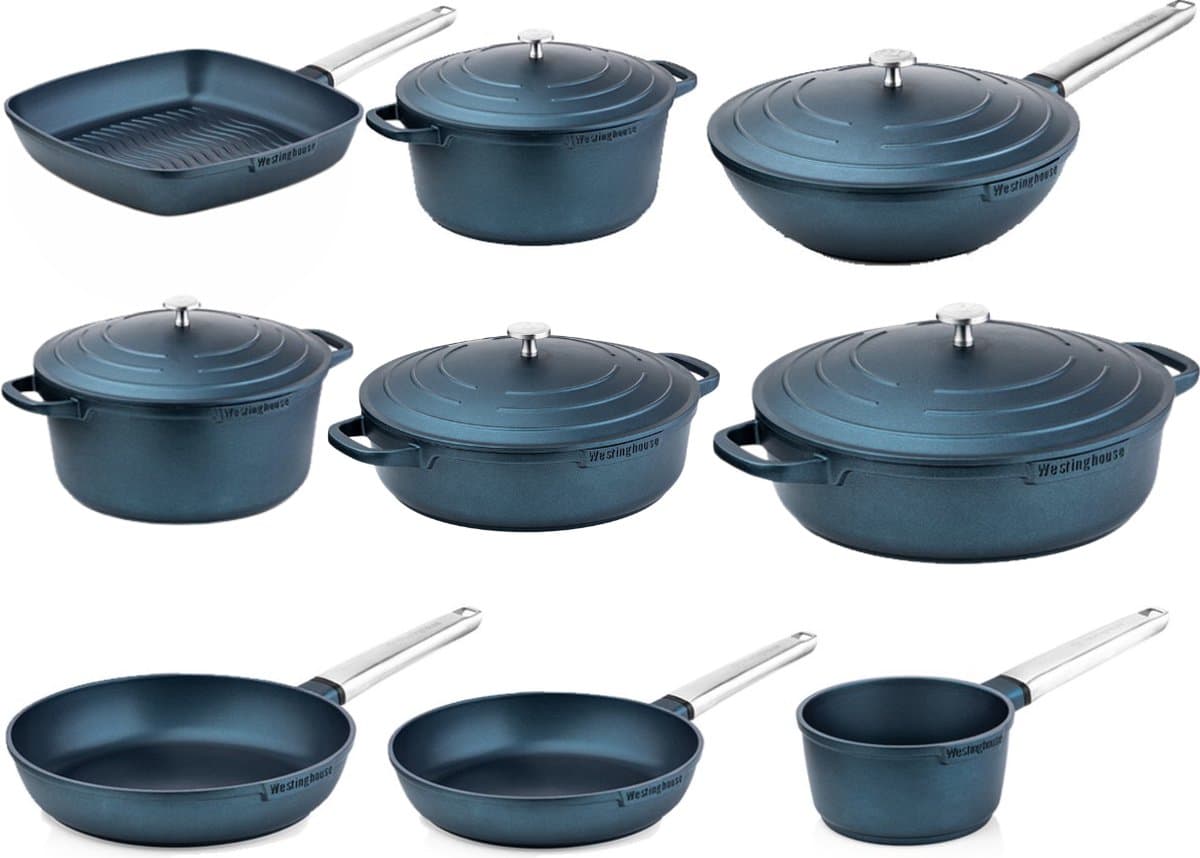 Westinghouse Performance 9-delige Pannenset – Koekenpannen + Braadpannen + Hapjespannen + Wokpan + Grillpan + Steelpan – Inductie – Blauw