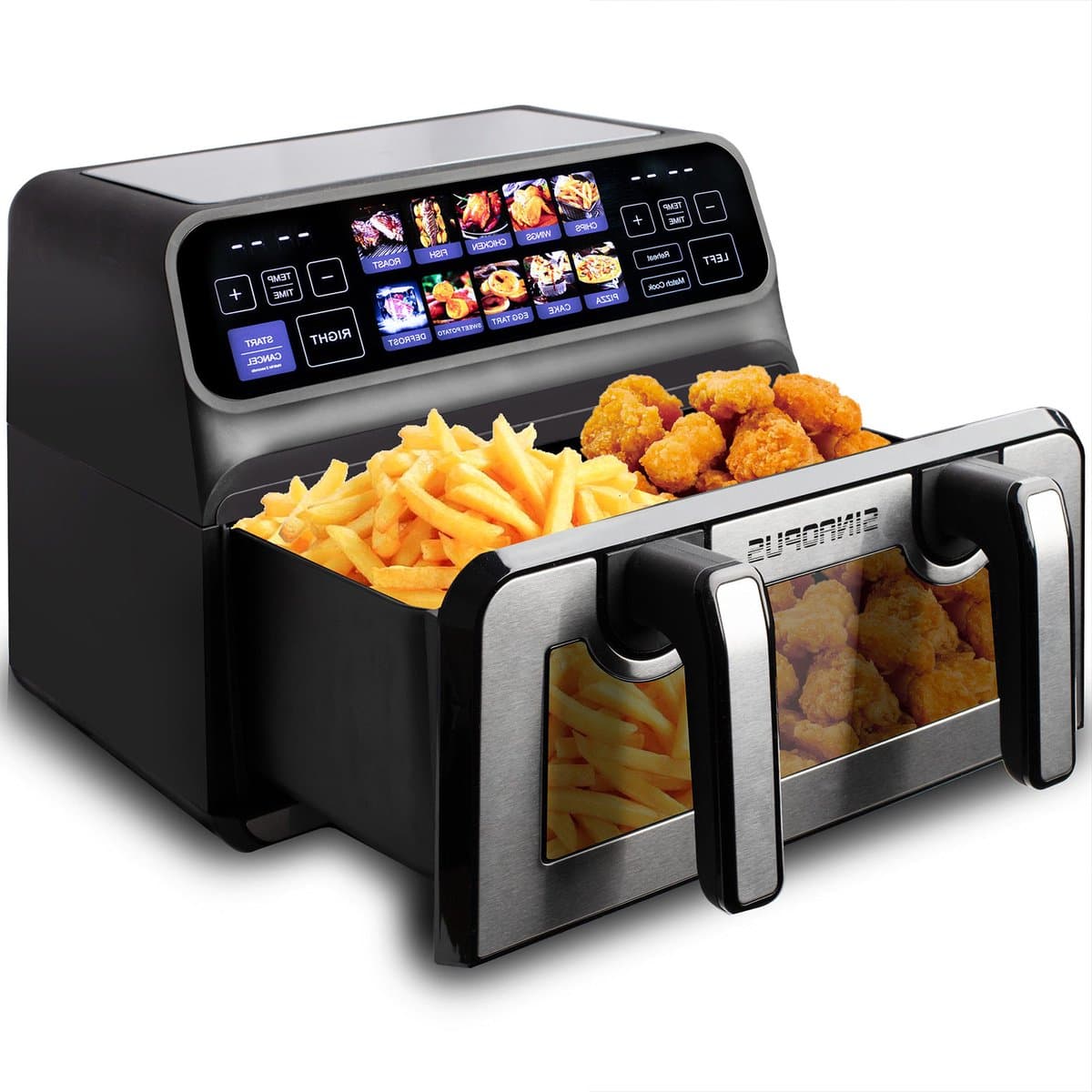 Digitale Airfryer XXL 10L Sinaopus 802 – Heteluchtfriteuse met Dubbele Mand en DualMand Onafhankelijke Snelle Opwarming – Voor Gezinnen – 10 Programma’s – Kijkvenster – Makkelijk te Reinigen – Capaciteit voor 6 Personen