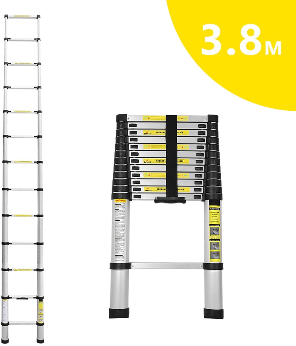 Telescopische Ladder - Telescoopladder - 3,8 m zilver, Max. Belasting 150 kg, Compact en Draagbaar met Soft Closing Systeem, Geschikt voor Particulier en Professioneel Gebruik, Telescopische Vouwladder