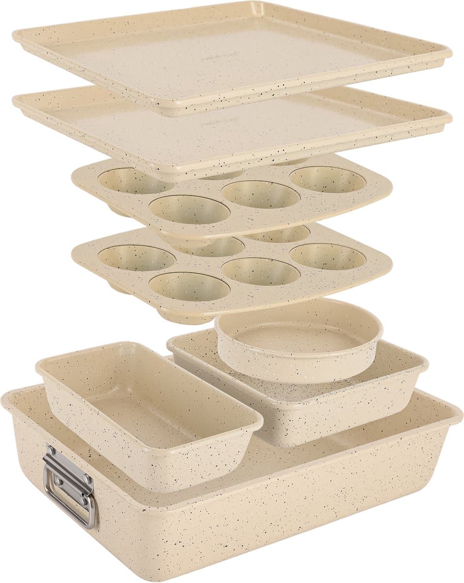 NutriChef 8-delige Stapelbare Antiaanbak Bakvormenset - Bakplaten Set vrij van PFOA, PFOS en PTFE met Antiaanbaklaag-Ovenbestendig tot 230°C- ronde Taartvorm, Bakvorm, Muffinvorm,Bakplaat