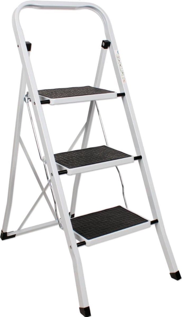 Beconfident stevige Huishoudtrap Keukentrap - 3 Treden - Metalen Huishoudladder Inklapbaar - Trapladder Opvouwbaar - Anti-Slip