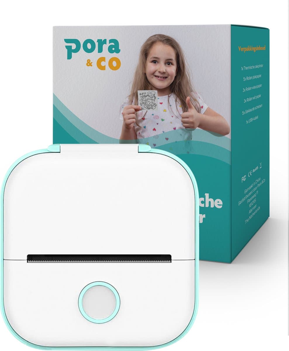 Pora&Co - Mini Fotoprinter Voor Smartphone - Incl. App & 1 Rol Fotopapier - Pocket printer - Mobiele fotoprinter - Mini printer - Sticker printer - Draadloos - Groen