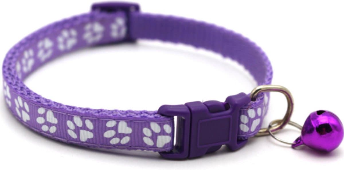 Premium Dierenhalsband met Pootjesprint en Belletje Paars | 19-33cm Verstelbaar | Geschikt voor Hond Kat Puppy en Kitten | Halsband | Halsbandje | Hondenhalsband | Hondenhalsbanden | Kattenhalsband | Kattenbandje met Belletje | Bel