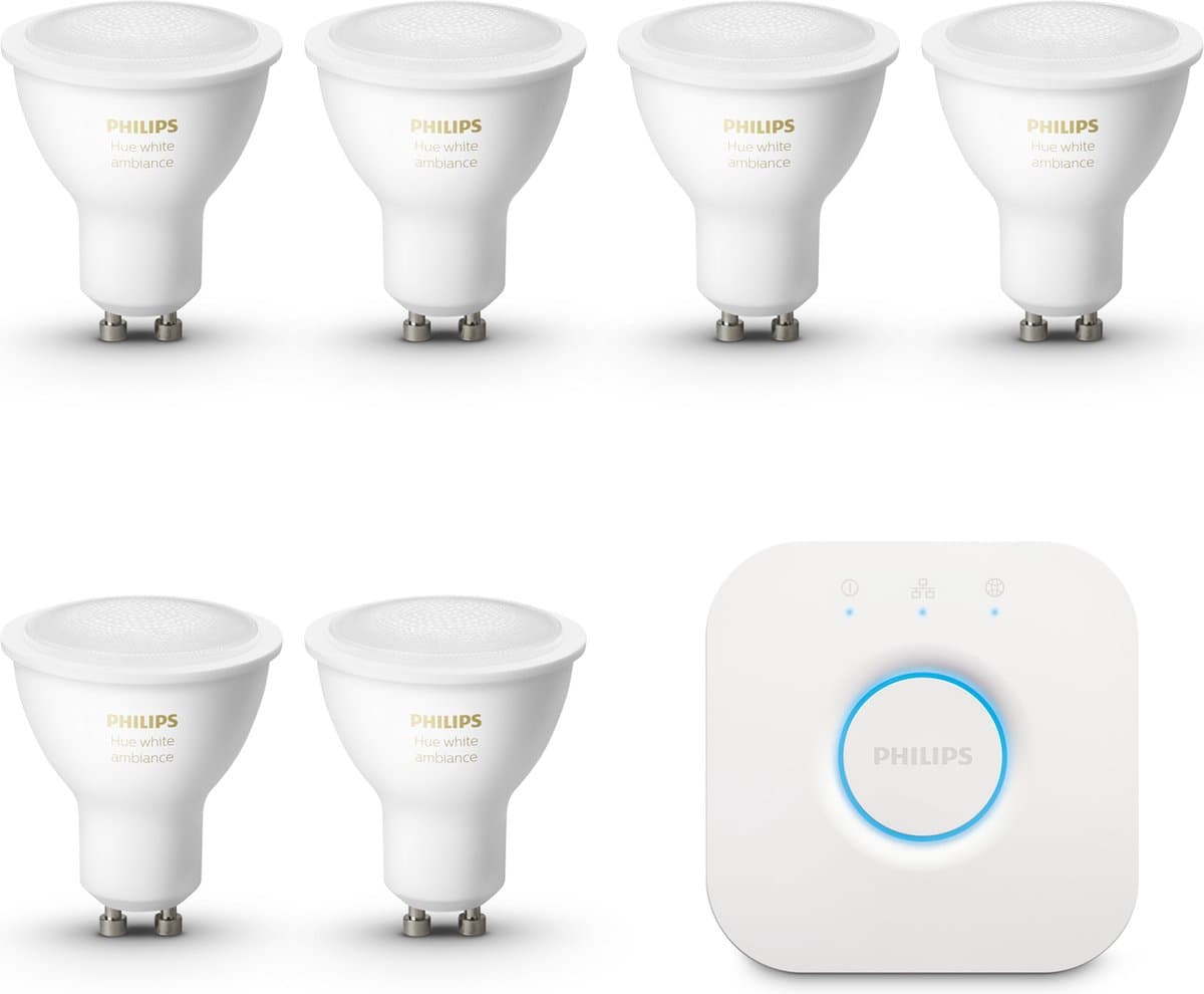 Philips Hue Starterspakket - GU10 - met 6 Spotjes - Warm tot Koelwit Licht - Incl. 1 Hue Bridge - Hue White Ambiance