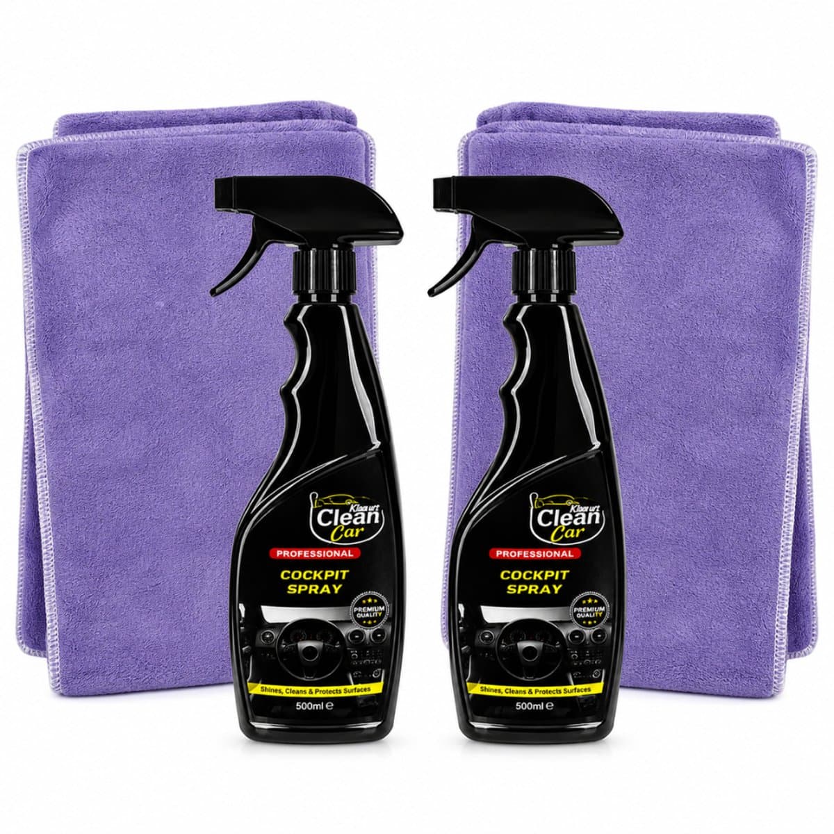 Clean Car Cockpit Spray – 2 x 500 ml met 2 Poetsdoeken - Dashboardreiniger – Kunststof Reiniger – Antistatisch – Auto Interieurverzorging – Voordeelverpakking