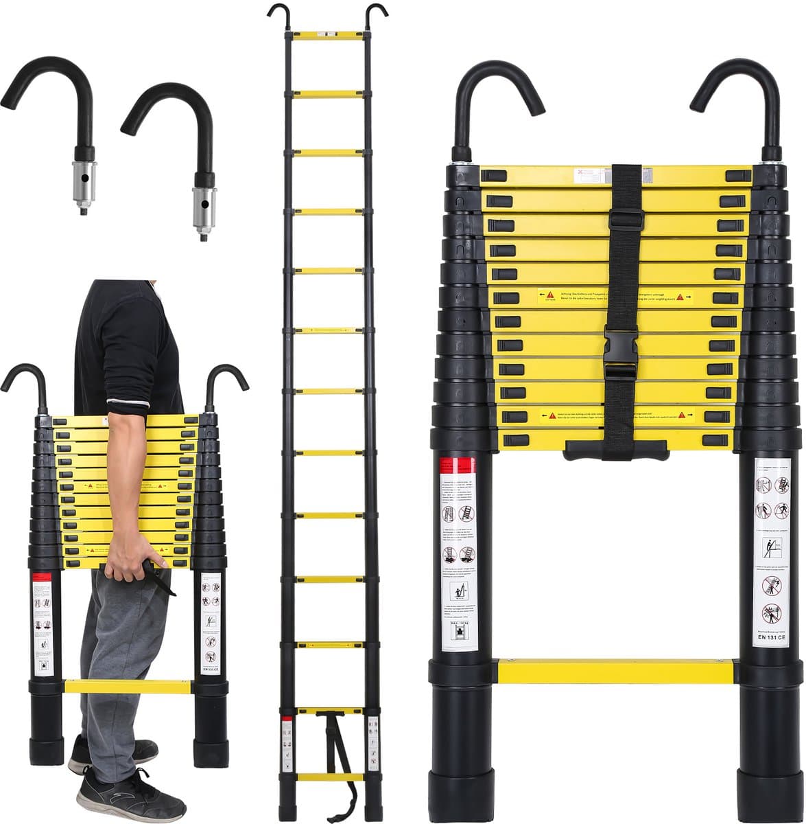 Telescopische Ladder - Telescoopladder - 4,4m zwart + haak, Max. Belasting 150 kg, Compact en Draagbaar met Soft Closing Systeem, Geschikt voor Particulier en Professioneel Gebruik, Telescopische Vouwladder