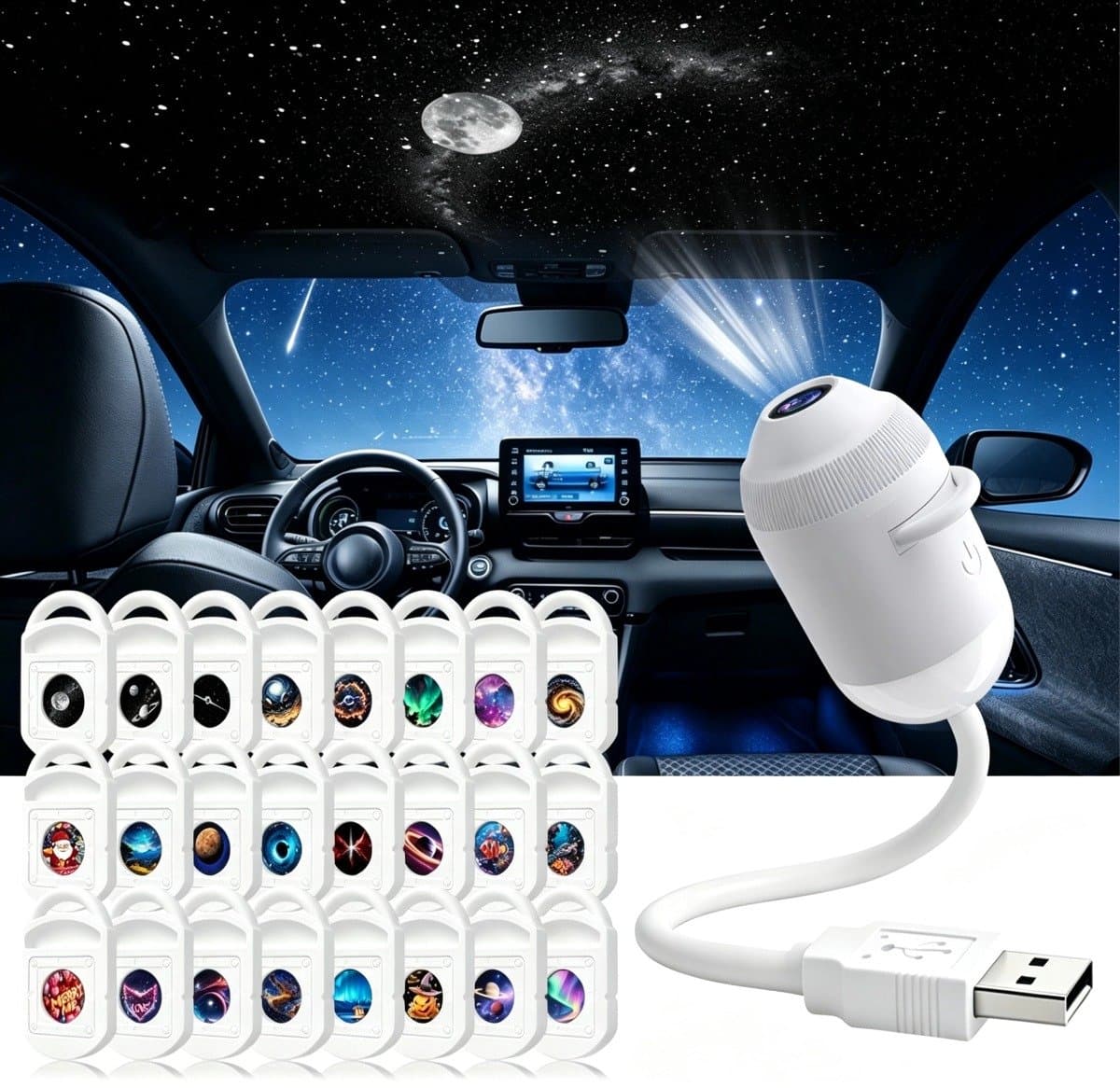 2-in-1 Projector - Sterrenprojector & Nachtlampje - met 24 Verwisselbare Films - HD - flexibele zwanenhals (360° draaibaar) - Plug-and-play - USB Aangedreven - draagbaar - Sterrenhemel Projector - Heelal - voor slaapkamers en gebruik in de auto