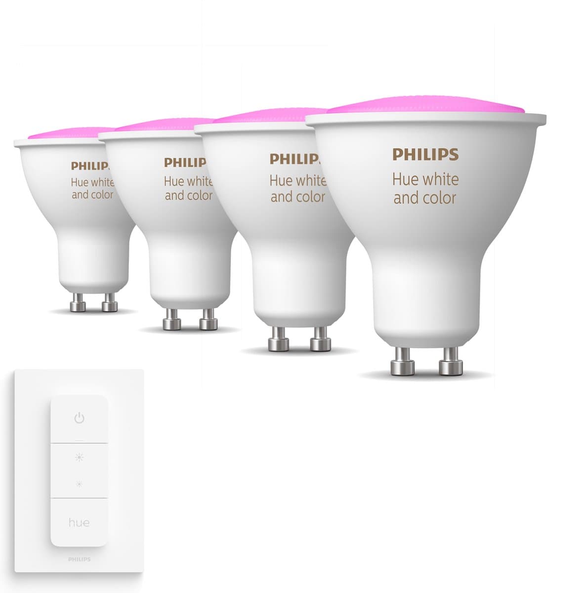 Philips Hue GU10 spot bundel 4 stuks - 350 Lumen - wit en gekleurd licht - 5,7W - Bluetooth - 1 Dimmer Switch - Dimbaar