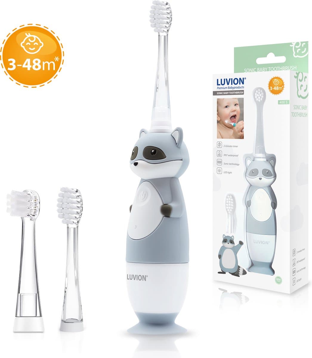 LUVION® 400S Raccoon - Sonische Elektrische Tandenborstel voor Baby en Peuter - 0 t/m 4 Jaar - Met Timer - Grijs