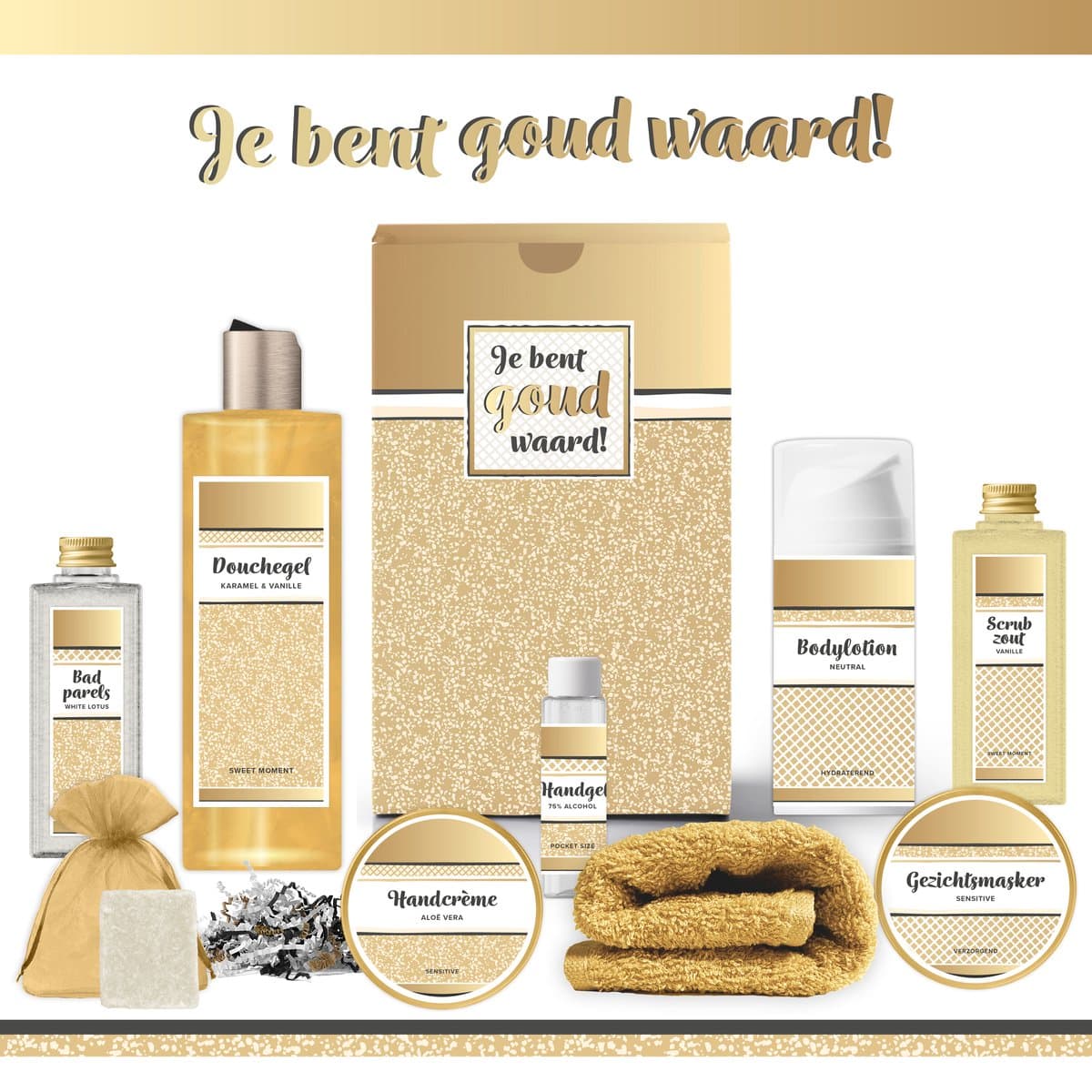 Geschenkset “Je bent goud waard!” - 9 producten - 850 gram - Triomf Cosmetica | Cadeau Vrouw Wellness Pakket Vrouw Giftset deluxe Cadeaupakket Bedankt Cadeau Kerst Kerstpakket Gift Set Verjaardag Moederdag Vriendin Moeder Collega Goud