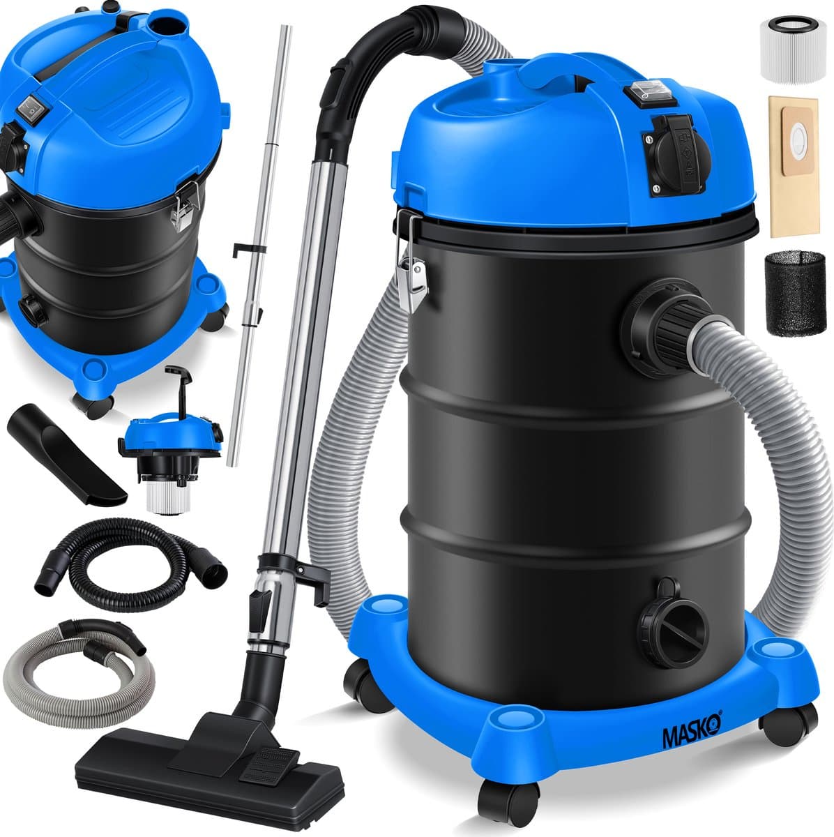 MASKO® Alleszuiger 6IN1 Nat- en Droogzuiger 2300W + stopcontact, Blaasfunctie, Droog- & natzuigen | Industriële stofzuiger vuilreservoir 30L Bouwstofzuiger - Blauw