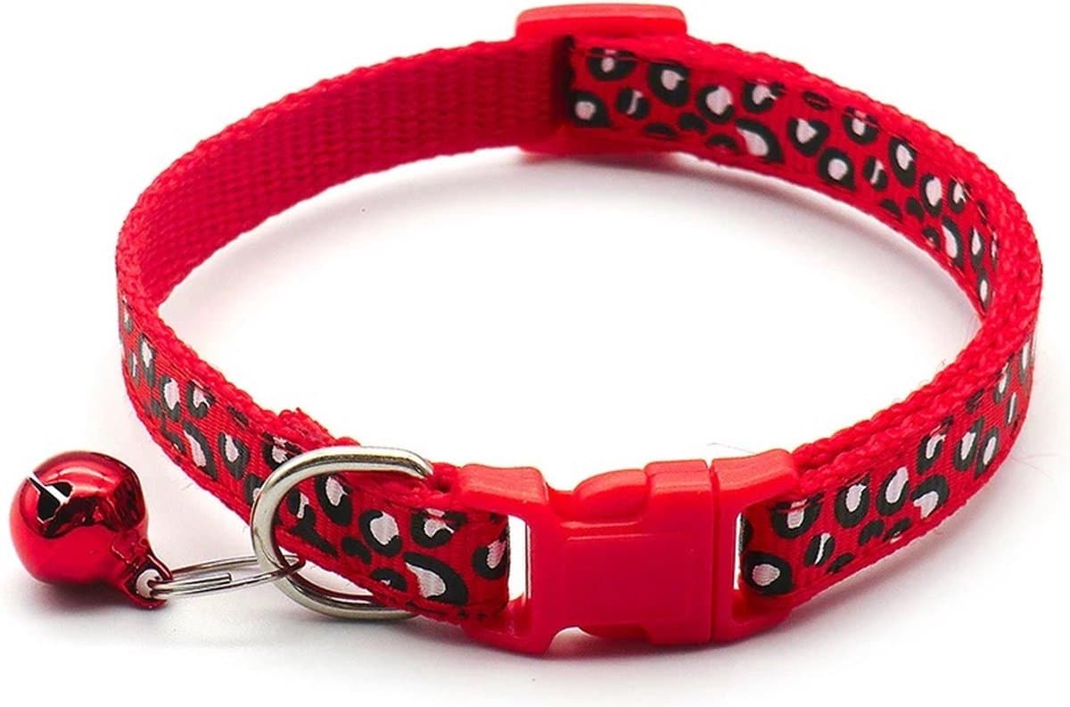 Premium Dierenhalsband met Leopard Print en Belletje Rood | 19-33cm Verstelbaar | Geschikt voor Hond Kat Puppy en Kitten | Halsband | Halsbandje | Hondenhalsband | Hondenhalsbanden | Kattenhalsband | Kattenbandje met Belletje | Bel