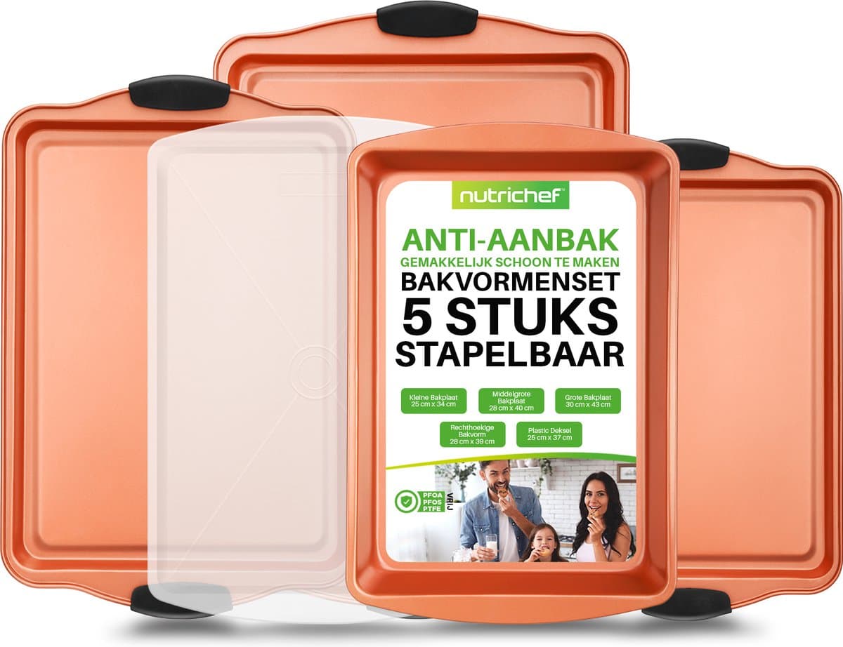 NutriChef, bakplaat oven , 5-delige Bakvorm Set - Stapelbare Bakplaten & Braadslee met Deksel - Handige Maten voor Koken & Bakken- Inclusief Ingebouwde Siliconen Handgrepen - Koper