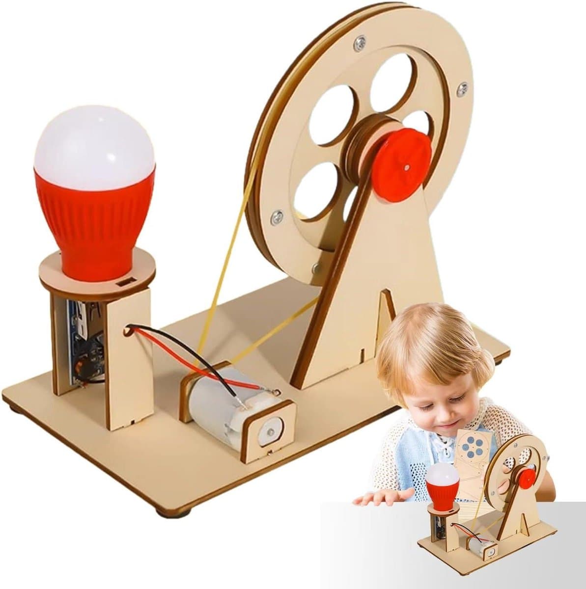 Houten Generator - Elektriciteit Set - Wetenschappelijk Leren - Handmatige Crank - 227 x 134 x 1 cm - Houtkleur