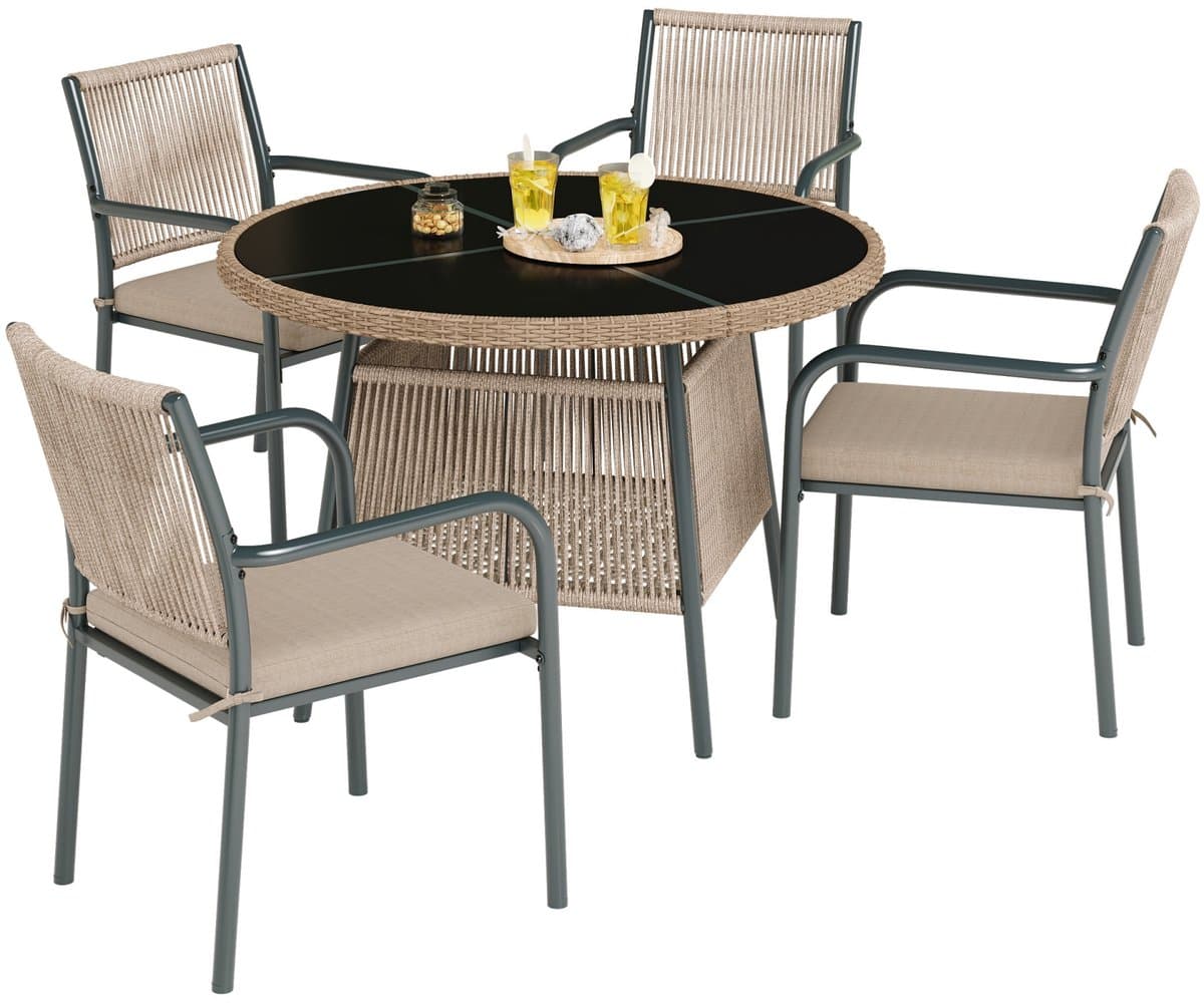 Gutent Loungesets - Tuinset - 5 Delig - 1 Ronde Glazen Tafel - 4 Armstoelen - Metaal Gestel - Voor Tuin Terras - Grijs