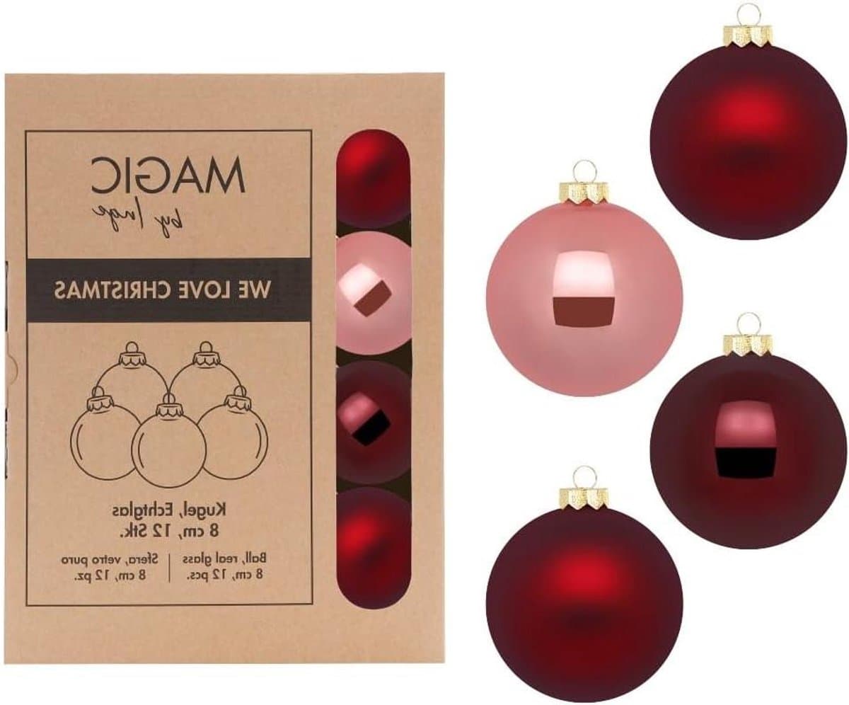 Kerstballen Glas - Decoratie Ballen - Kerstboom Versieren - Set van 12 stuks - 8 cm diameter - Wijnrood Roze