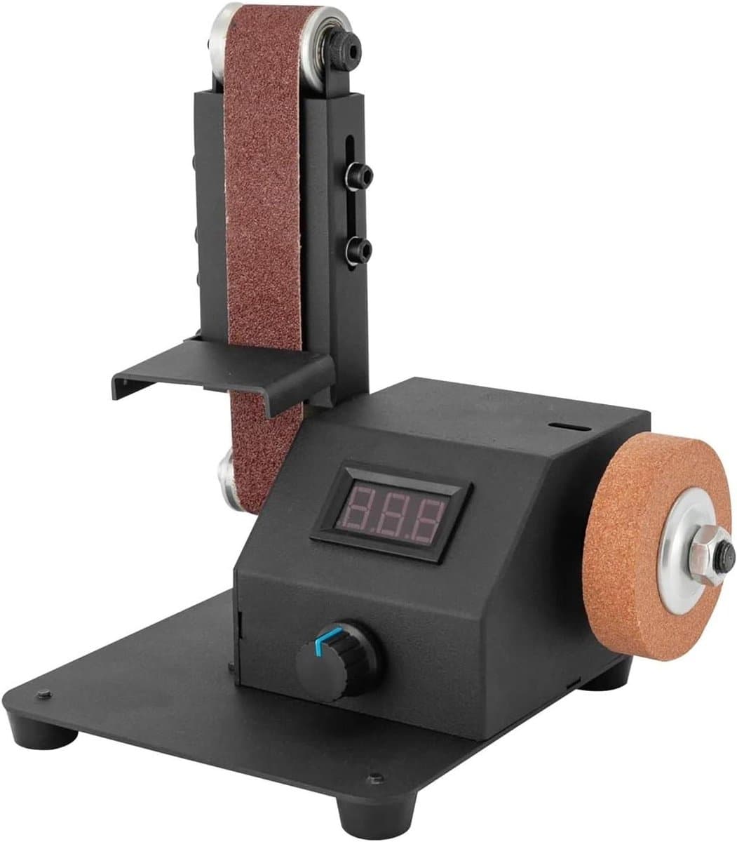 350W Mini Bandschuurmachine – Elektrische tafelbandschuurmachine – Voor hout, metaal en acryl – Voor- en achteruitfunctie – Oneindig instelbare snelheid – Compact en draagbaar – Stabiel en duurzaam ontwerp