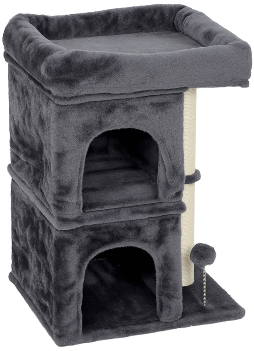 66 cm kleine krabpaal voor grote katten, krabpaal met groot zitplatform, 2 huisjes, sisal krabpaal, speelbal, donkergrijs