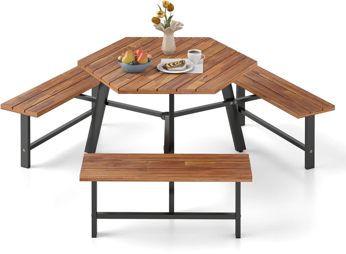 COSTWAY Picknicktafelset voor 6 personen, tuintafel van acaciahout met parasolgat en 3 banken, terrasmeubels, tuinmeubelen, zitgroep, zitgroep voor tuin, terras