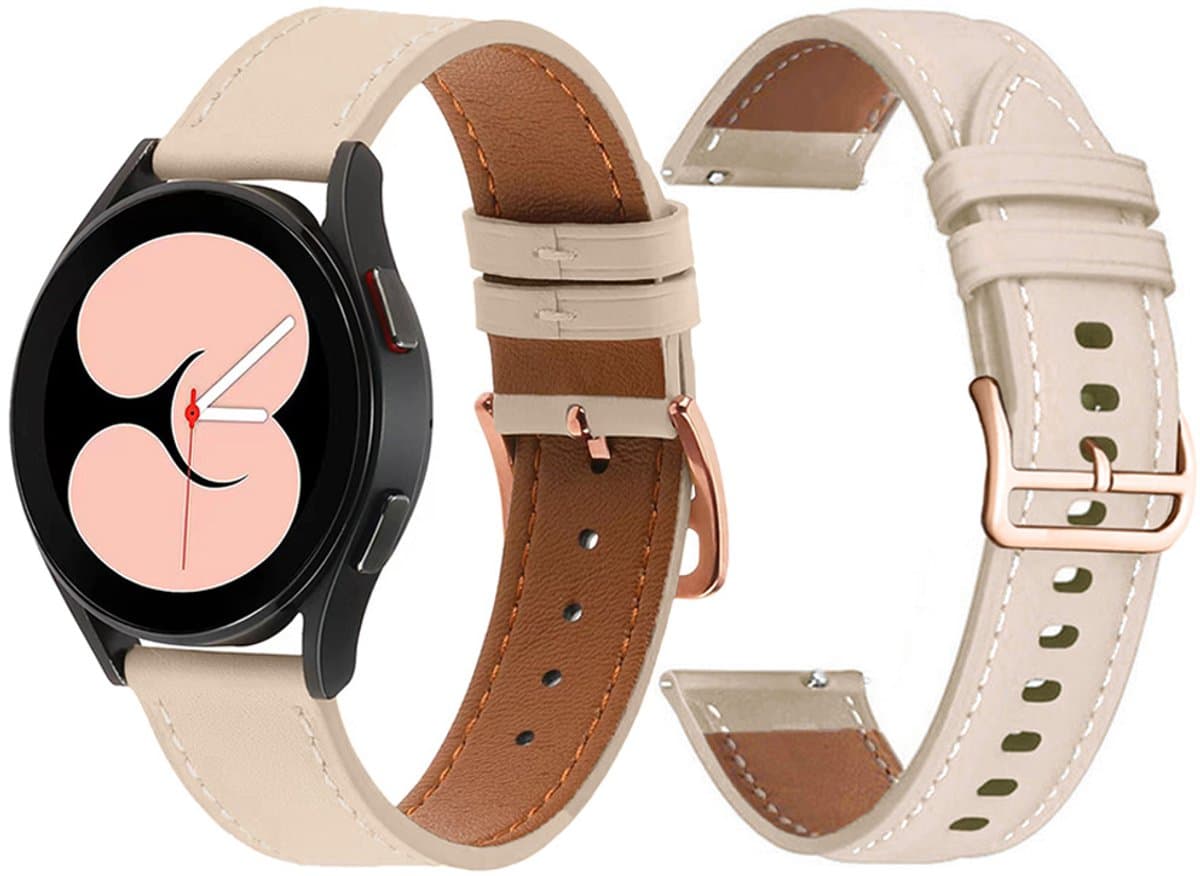 Stravo Premium Slank Leren Bandje 20mm - Geschikt voor Samsung Galaxy Watch 7 6 5 4 - Classic - Dun Leather Horlogebandje van Echt Leer met Roségouden Gesp voor Garmin Vivoactive 5 3 - Forerunner 245 - Venu SQ 2 - Vivomove - Huawei - Beige