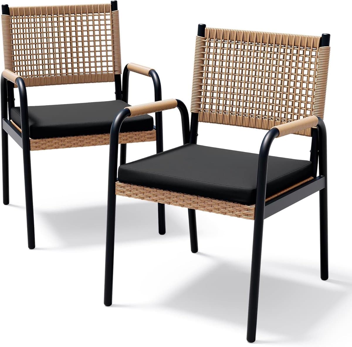 Set van 2 Tuinstoelen inclusief Kussens - Rotan Wicker Balkonstoelen met Metalen Frame - Weerbestendig - Zwart & Bruin