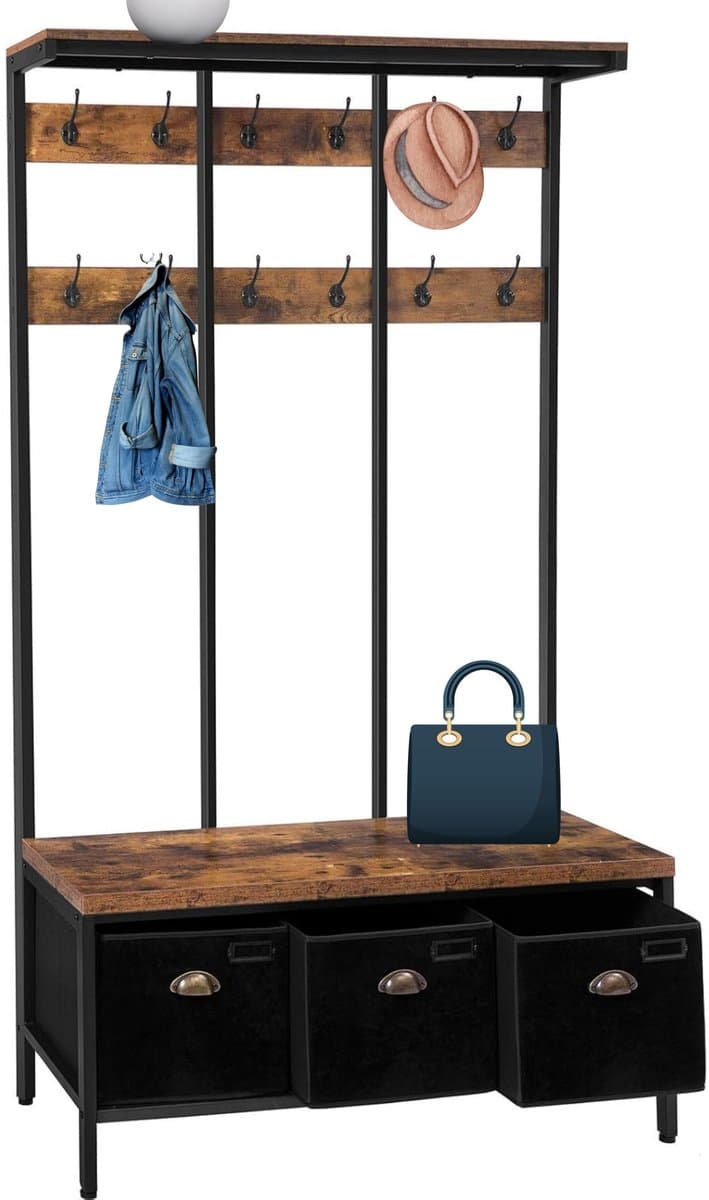 Signature Home XXL Garderoberek - Kapstok - Kapstok met schoenenrek - kledingrek met 24 haken - zitting met 3 opbergdozen - Bruin/Zwart - 100x 37x182 cm