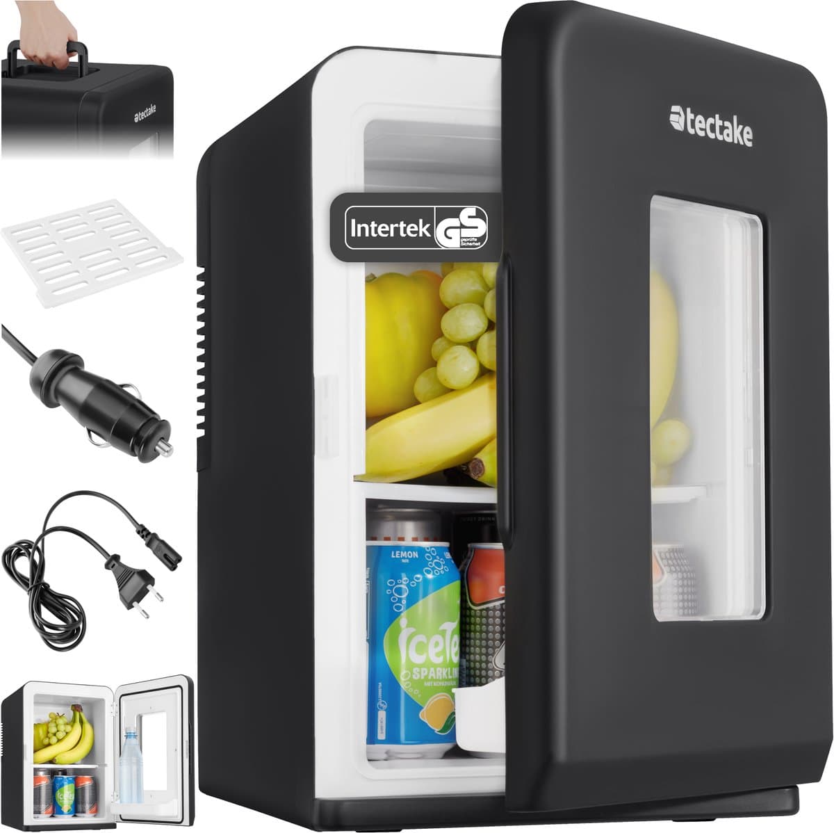 tectake® Mini-Autokoelkast - Draagbare minibar 14L - 2-in-1-functie: koelen en verwarmen - 5 tm 65 °C - Mini Koelkast - Elektrische Koelbox - 12v + 220/240v Aansluiting - Draagbare Campingkoelkast