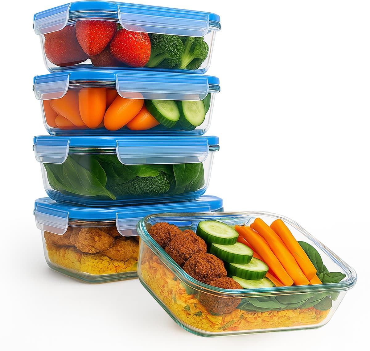 Goliving Glazen Meal Prep Bakjes - Set van 5 Vershoudbakjes - 1L - Diepvriesbakjes - Bewaarbakjes met Deksel - Diepvries, Oven en Magnetron - Glas