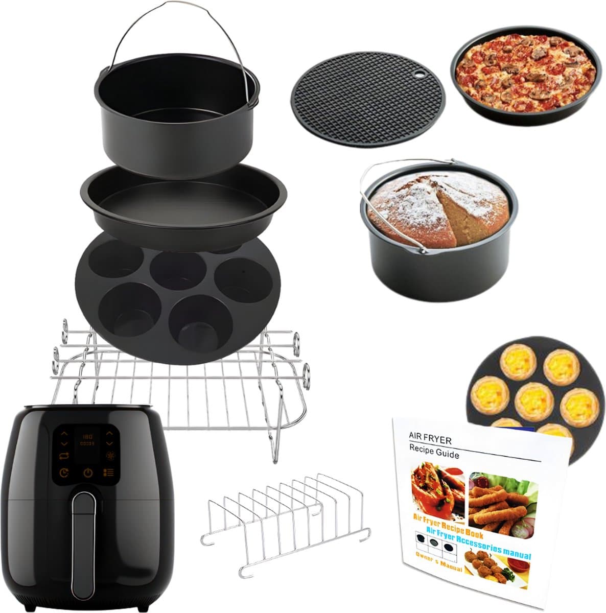 Airfryer Accesoires Set - Heteluchtfriteuse Accesoires - Universeel - Bakvormen - Grillrekken - Herbruikbaar - Ø 20 CM - Inclusief Receptenboekje - Rheme