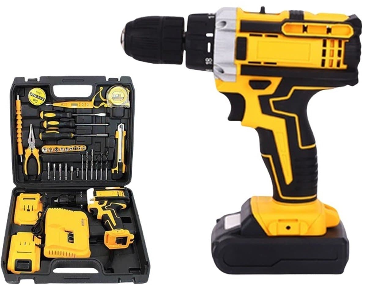 DeWalt-look 21V Accu Slagboormachine Gereedschapsset - Complete Gereedschapskoffer met 2 Accu's - 45 Nm - 2 Snelheden - Inclusief Handgereedschap & Accessoires