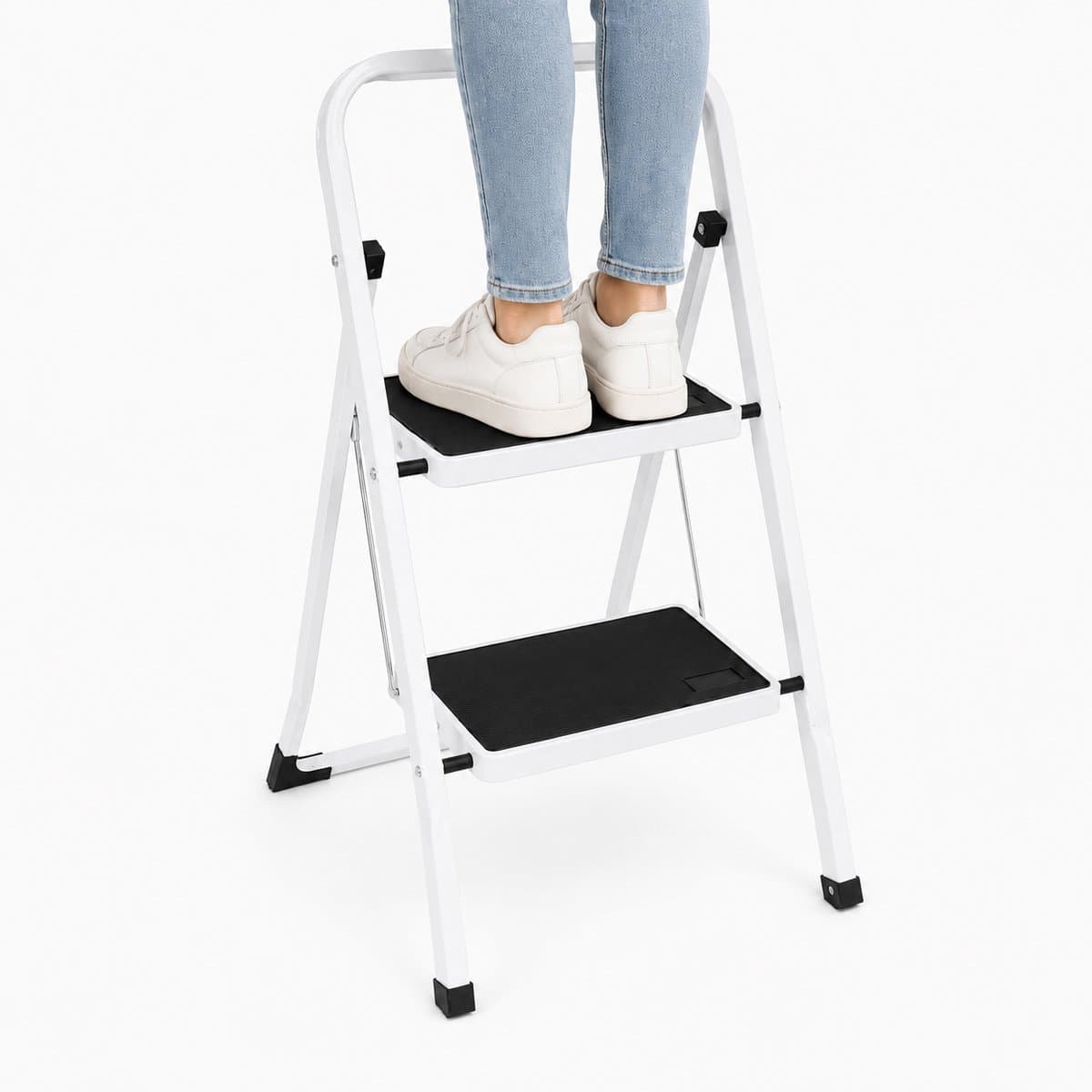 Eurocatch Huishoudtrap 2 Treden - Opvouwbare Keukentrap met Leuning - Antislip Opstapje - Stalen Trapladder - Max. Belastbaar 150 kg - Compact en Veilig