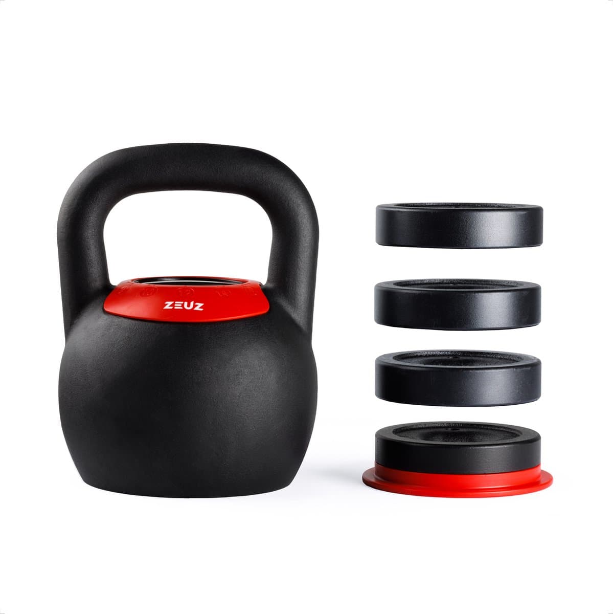 ZEUZ Verstelbare Kettlebell tot 16 KG – Fitness Sport Set – 8, 10, 12, 14 & 16KG Conditie & Krachttraining – Halters – Gietijzer – Zwart & Rood