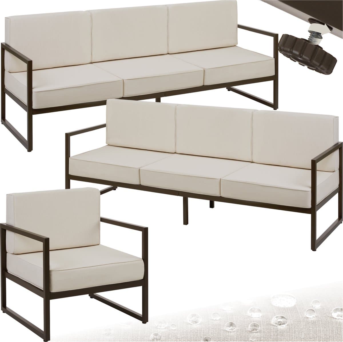 tectake® - Tuin-loungeset Comosa - Voor 7 personen - Tuinset - Twee banken en tuin fauteuil - Waterafstotende en ultradikke zit-en rugkussens - Draagkracht 120kg per zitplaats - Bruin/beige