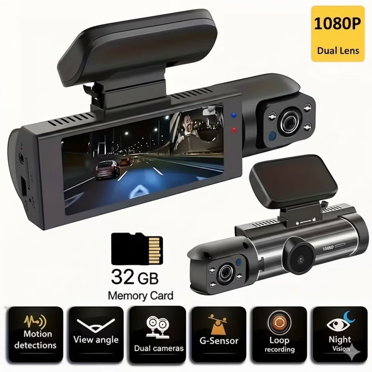 1080p Dashcam voor Auto met Nachtzicht, Loop Recording en IPS-Scherm – Inclusief 32 GB Kaart – Rij- en Beveiligingscamera voor Voorkant en Parkeren